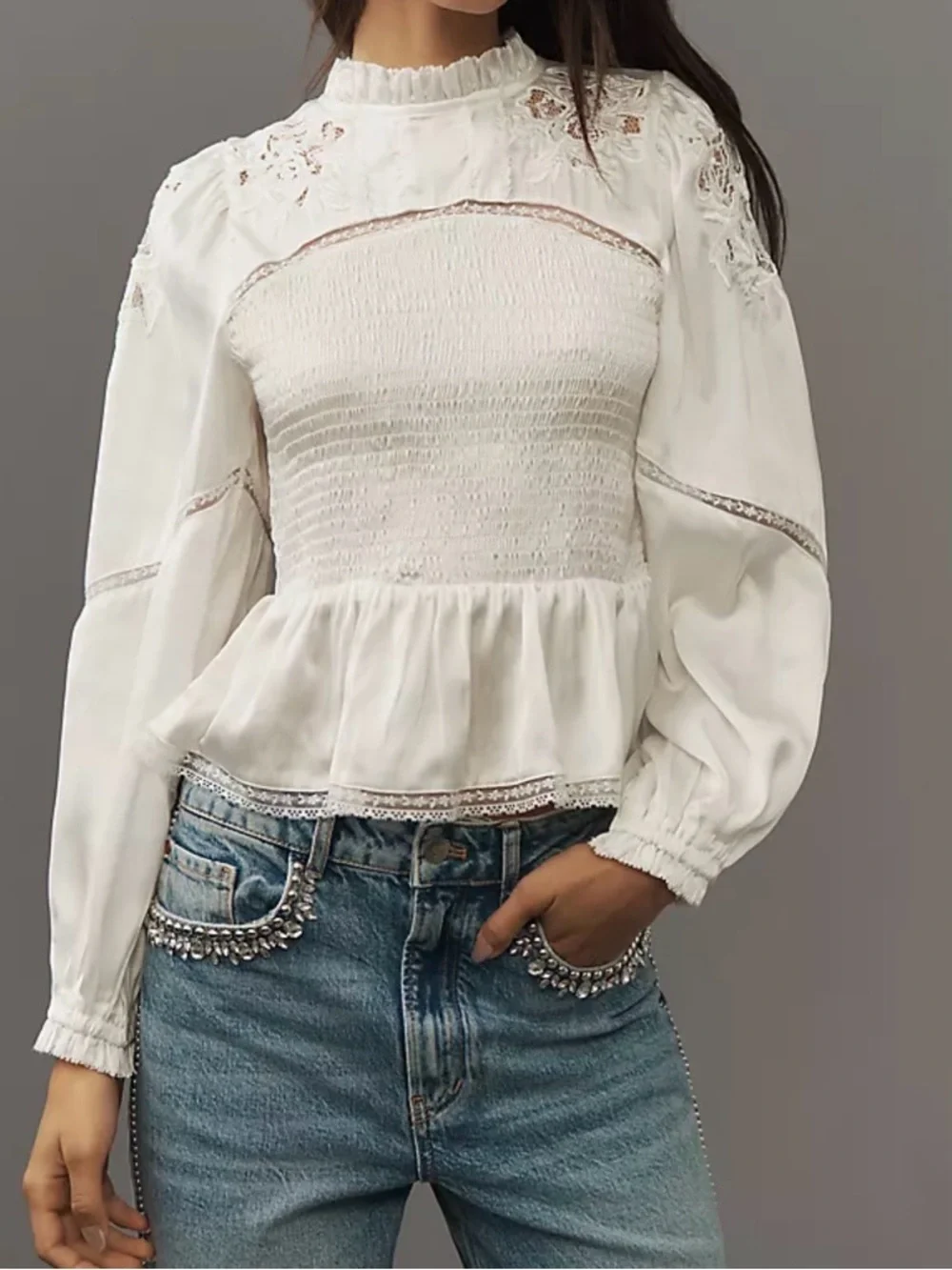 Anthropologie White Smocked Peplum Blouse with Lace Insets